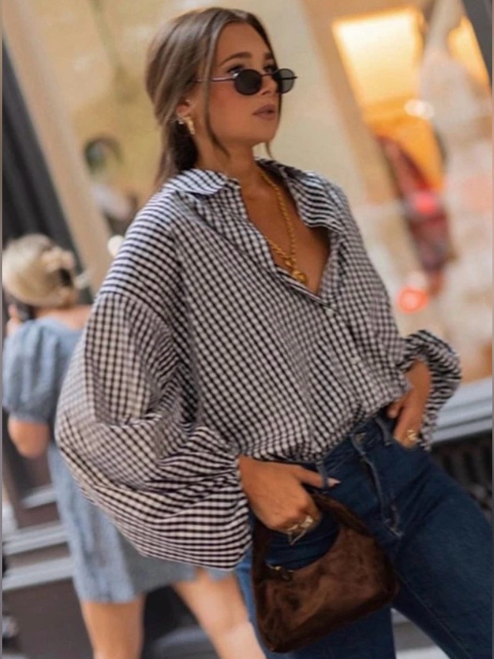 L'AGENCE Mickey Tunic Black & White Gingham Balloon Sleeve Button Down SMALL